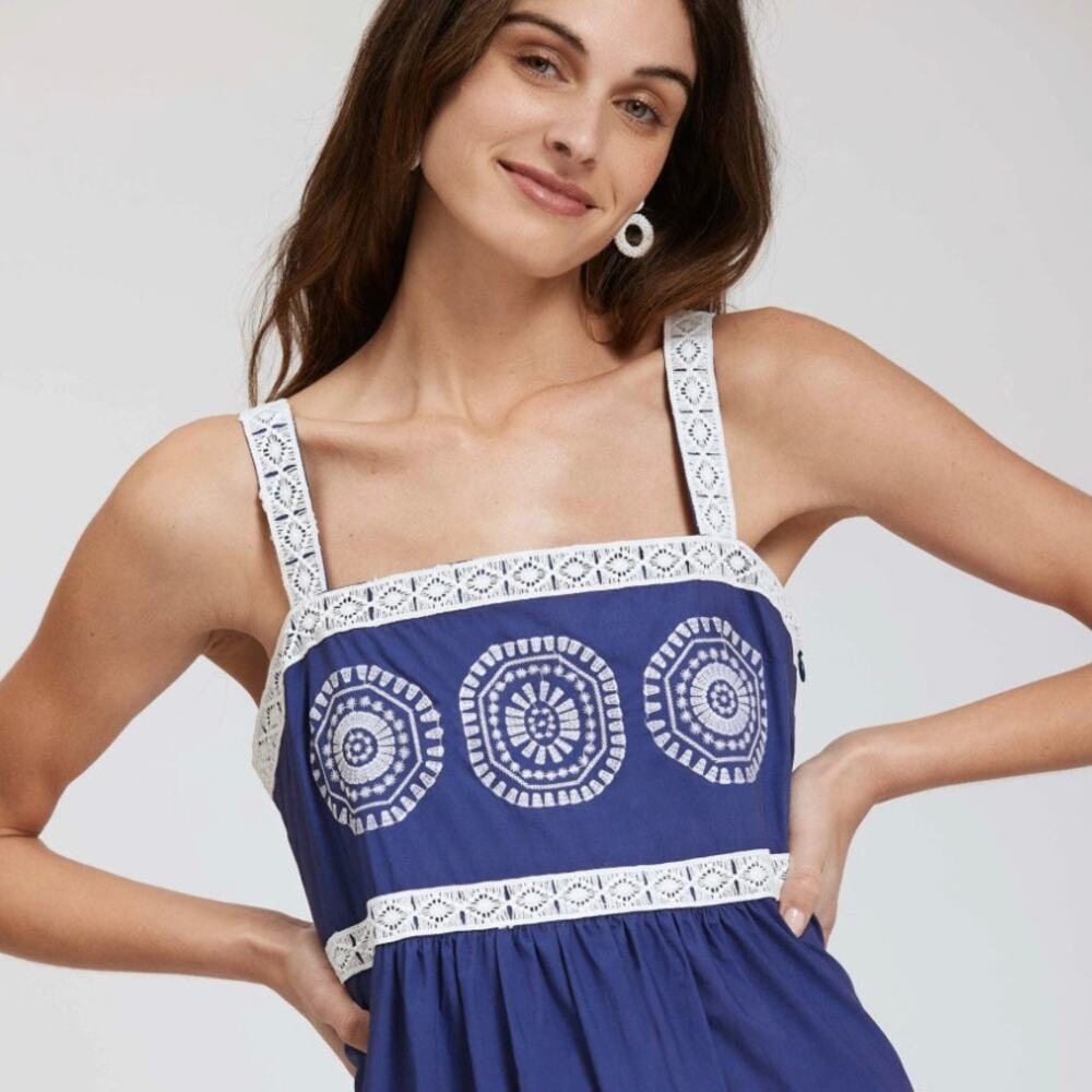Tyler Boe Candie Midi Dress - Blue with White Embroidery - Size 6 - Picture 2 of 9